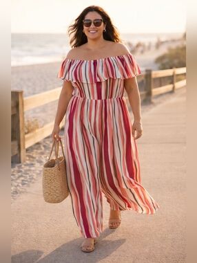 Lane Bryant Striped Off Shoulder Jumpsuit NWT Wide Leg Pink Coral Summer 18/20